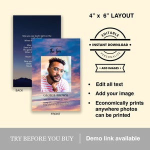 Carte de prière funéraire facile à modifier, ciel coucher de soleil coloré nature réaliste à la mémoire d'un être cher Service commémoratif imprimable avec photo personnalisée