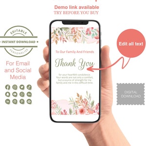 Digitale Beerdigung Dankeskarte EASY TO EDIT Pink Floral Vorlage Trauerfeier Mobile Trauerfeier Bestätigung E-Karte