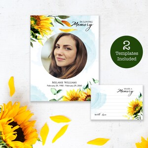 Plantilla para compartir una tarjeta de memoria y un cartel para funerales de girasoles, fácil de editar, para imprimir y descargar, tarjetas de homenaje personalizadas para el servicio conmemorativo