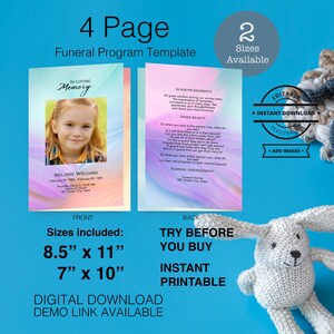 Puede incluir: Plantilla de programa fúnebre de cuatro páginas con una foto de una niña. La portada presenta el texto "In Loving Memory" y el nombre y las fechas del difunto. La parte posterior incluye un poema y detalles del arreglo fúnebre. Tamaños incluidos: 21,6 cm x 27,9 cm y 17,8 cm x 25,4 cm.