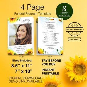 Sunflower Themed Memorial Service Program In Loving Memory Funeral  Easy to Edit Celebration of Life Printable Template Order of Service
