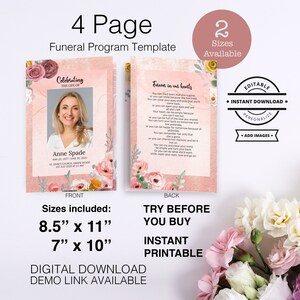 May include: A pink and gold funeral program template with floral accents. The front features a photo of a woman and the text "Celebrating the Life of Anne Spade". The back features the text "Forever in our hearts" and a floral design. The text "Try Before You Buy" and "Instant Printable" are also included. The template is available in two sizes: 8.5 inches by 11 inches and 7 inches by 10 inches.