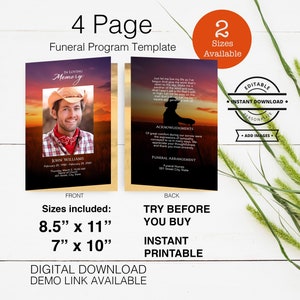 May include: A 4-page funeral program template with a sunset background. The front page features a photo of a man in a cowboy hat. The back page includes the text "Just let me live my life as I've begun And give me work that's open to the sky, Make me a pardner of the wind and sun, And I won't ask a life that's soft or high. Let me be easy on the man that's for Let me be square and gered with al". The template is available in two sizes: 8.5" x 11" and 7" x 10".