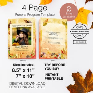 Modèle Programme Funérailles Feuilles Automne Or Pour Service Commémoratif Personnalisé