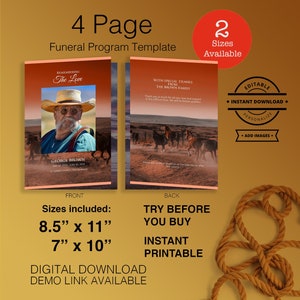 Easy to Edit Funeral Program Template Printable in Loving Memory of Cowboy Custom Photo Name Horses on the Plains at Sunset Instant Download