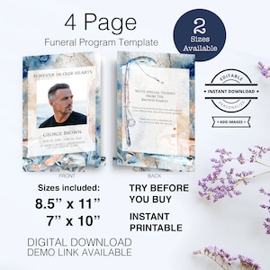 May include: A 4-page funeral program template with a blue and white watercolor background. The front page features a photo of a man and the text "Forever in Our Hearts" and "George Brown". The back page features a fishing rod and fish with the text "With Special Thanks From The Brown Family". The template is available in two sizes: 8.5" x 11" and 7" x 10".