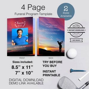 Easy to Edit in Loving Memory Silhouette Golfer at Sunset Golf Course Fitness Sports Player Printable Memorial Funeral Program Template