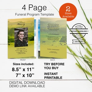 Mall för utskrivbar och lättredigerad begravningsprogram, minnesgudstjänst, minnesgudstjänst, presentation av livet, bonde, djur, bondgårdslandskap, tryck