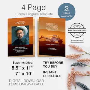 May include: A 4-page funeral program template with a sunset background. The front page features a photo of a man in a hat. The back page has a quote about living life to the fullest. The template is available in two sizes: 8.5" x 11" and 7" x 10".