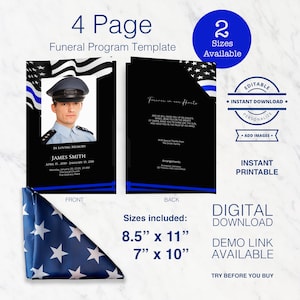 May include: A 4-page funeral program template with a blue line and American flag design. The template is available in two sizes: 8.5" x 11" and 7" x 10". It is editable, printable, and includes a demo link.