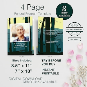 May include: A 4-page funeral program template with a forest background. The front page features a photo of a man and the text "In loving memory of John Heart, May 20, 1940 - June 30, 2020". The back page features a deer silhouette and the text "Acknowledgement", "Service Information", "Try before you buy", "Instant Printable", and "Digital Download Demo Link Available". The template is available in two sizes: 8.5" x 11" and 7" x 10".