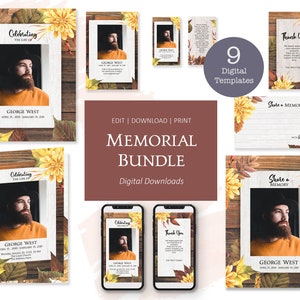 Bearbeitbare Beerdigung Vorlage Bundle druckbare gemeinsame goldene spanische Auster Distel Blumen Blätter auf rustikalen Holz Hintergrund Trauerfeier