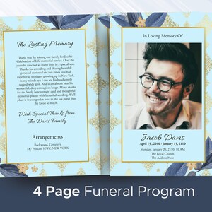 May include: A four-page funeral programme with a blue and gold floral design. The programme includes a photo of Jacob Davis, his birth and death dates, and the date and time of the funeral service. The programme also includes a section for special thanks from the Davis family and arrangements for the funeral service.