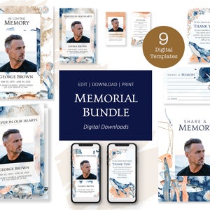 May include: A set of 9 digital templates for memorial cards. The templates feature a watercolour background with a blue and gold colour scheme. The templates include a variety of designs, including a thank you card, a share a memory card, and a memorial card with a photo of the deceased. The text on the templates includes the words "In Loving Memory", "Forever in Our Hearts", "Thank You", and "Share a Memory".