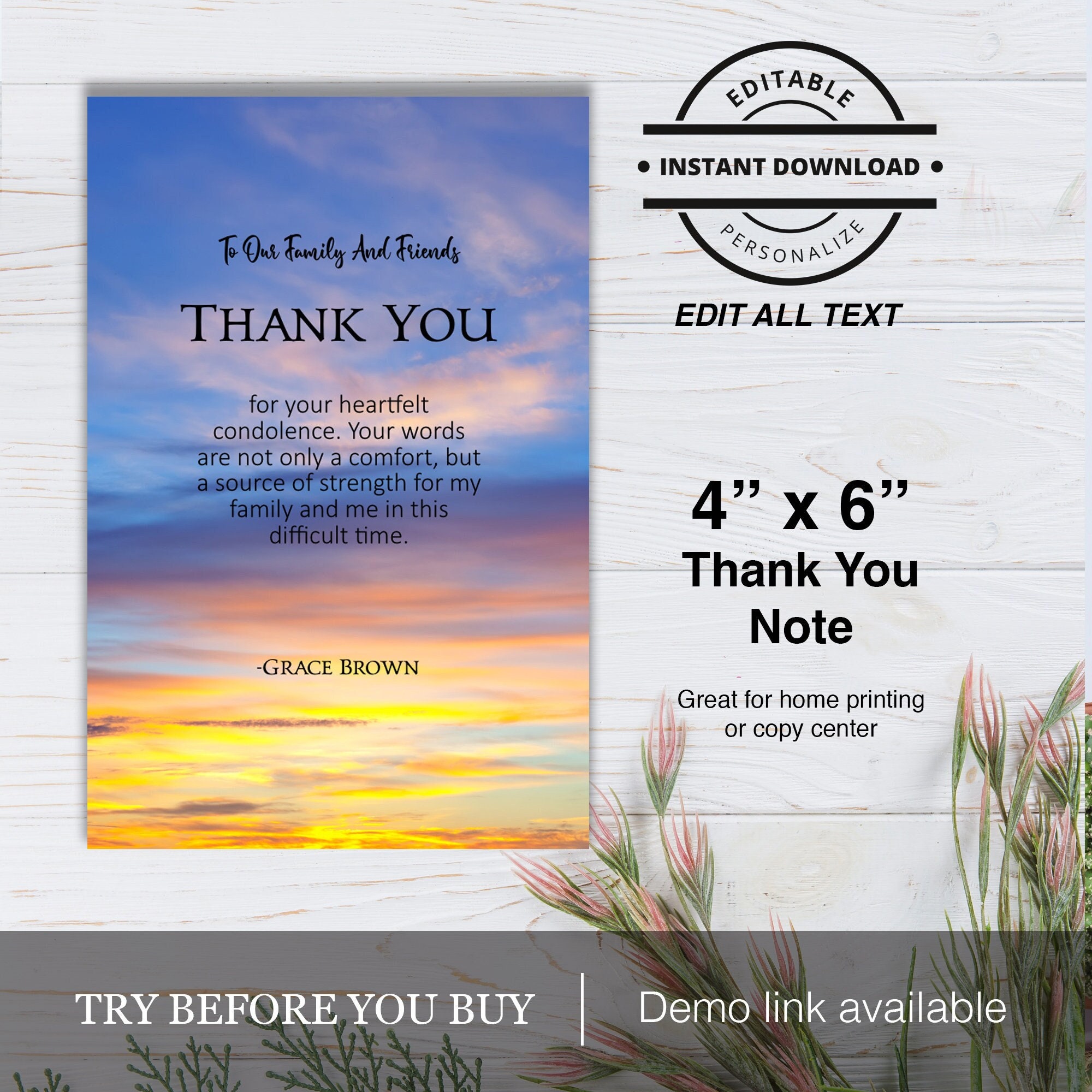 Printable in Loving Memory of Loved One Funeral Thank You Card Editable ...