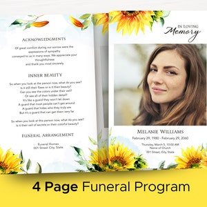 Sunflower Themed Memorial Service Program In Loving Memory Funeral  Easy to Edit Celebration of Life Printable Template Order of Service