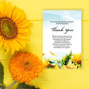 Carte de remerciements à imprimé tournesol, carte de remerciement facile à modifier, service commémoratif de célébration de la vie, modèle de funérailles personnalisé imprimable