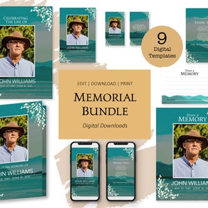 Feier des Lebens Beerdigung Vorlage Bundle Aquarell Meer Grün See Frühling Berglandschaft Bearbeitbar Benutzerdefinierte Trauerfeier