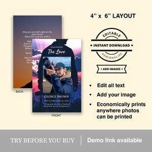 May include: A 4x6 inch printable memorial card template with a silhouette of a person holding a camera. The front of the card has a photo placeholder, the text "Remembering The Love", and the name "George Brown" with dates. The back of the card has a quote about freedom and happiness. The card is customizable with text and images.