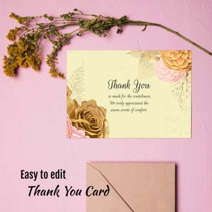 Carte de remerciement pour les funérailles, célébration de la vie, carte de remerciement commémorative, merci de sympathie, modèle d'enterrement facile à modifier, service commémoratif