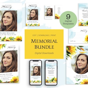 Pacote de modelos para impressão do Sunflower Memorial Service, convite móvel, programa funerário, sinal de boas-vindas, oração, memória e cartões de agradecimento