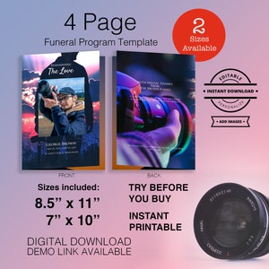 May include: A 4-page funeral program template with a sunset background and a photo of a person holding a camera. The template is available in two sizes: 8.5 inches by 11 inches and 7 inches by 10 inches. The text on the front page reads "Remembering The Love" and the text on the back page reads "With Special Thanks From The Brown Family".