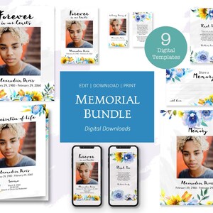 May include: A digital download bundle of 9 printable memorial templates featuring watercolour sunflowers and blue flowers. The templates include a memorial card, a celebration of life card, a thank you card, and a share a memory card. The templates are editable and can be printed at home.
