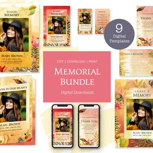 Ensemble de modèles pour funérailles, feuilles d'automne dorées, mémoire de prière personnalisée, plaque de bienvenue, invitation mobile, cartes de remerciement pour le service commémoratif