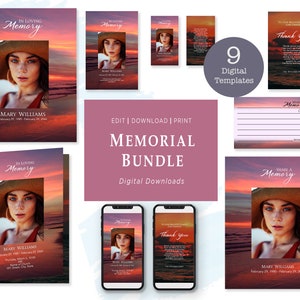 May include: A digital download bundle of 9 printable memorial templates featuring a sunset over the ocean with a photo of a person. The templates include a memorial card, a thank you card, and a share a memory card. The text on the cards reads "In Loving Memory", "Thank You", and "Share a Memory".