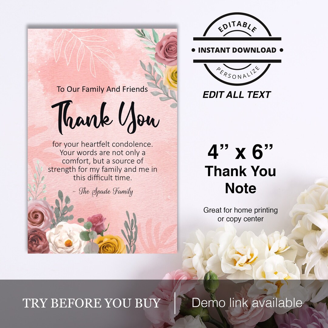 Easy to Edit Funeral Thank You Card Template Floral Spring Rose Gold ...