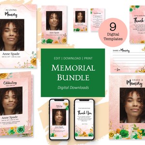 May include: A set of 9 digital memorial templates featuring a pink and peach background with green and yellow floral accents. The templates include a memorial card, a thank you card, and a share a memory card. The text on the cards reads "In Loving Memory", "Celebrating the Life of", "Share a Memory", and "Thank You".