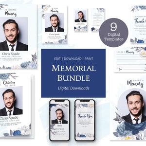 Men&#39;s PRINTABLE  Funeral Template Bundle, Memorial Service Mobile Invitation, Program, Welcome Sign, Prayer, Memory & Thank You Cards
