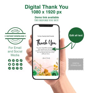 Einfach zu bearbeiten Beileid Beerdigung Danke E-Card Frühling Rose Gold und Smaragdgrün Rose Elektronisches Erinnerungsfoto Vorlage E-Mail Textnachricht