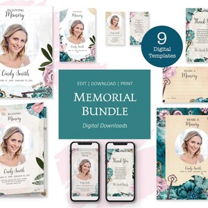 Op de afbeelding: Negen digitale sjablonen voor gedenkkaartjes met een teal, roze en wit bloemenontwerp met een vlinder en sleutels. De tekst op de kaartjes luidt "In liefdevolle herinnering", "Deel een herinnering" en "Bedankt".