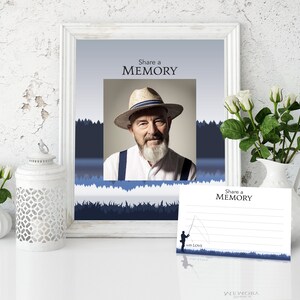 Cartes hommage personnalisées Pêche en plein air, signe « Partagez un souvenir », Modèle souvenir imprimable pour funérailles de Lake Pound Facile à modifier