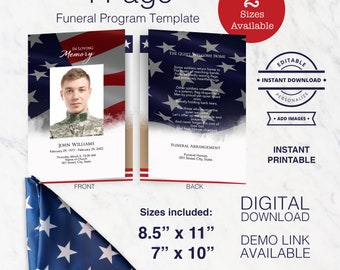 Puede incluir: Una plantilla de programa de funeral descargable digitalmente de 4 páginas. La plantilla presenta un diseño de bandera estadounidense roja, blanca y azul con un marcador de posición para una foto y texto que dice "En memoria cariñosa". La parte posterior de la plantilla presenta un poema sobre soldados que regresan a casa y una sección para arreglos funerarios. La plantilla está disponible en dos tamaños: 8,5 pulgadas por 11 pulgadas y 7 pulgadas por 10 pulgadas.
