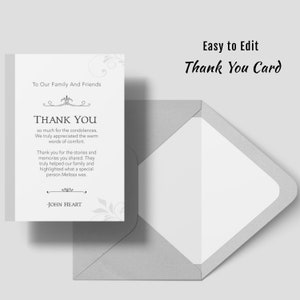 Carte de remerciement pour les funérailles, célébration de la vie, carte de remerciement commémorative, merci de sympathie, modèle d'enterrement facile à modifier, service commémoratif