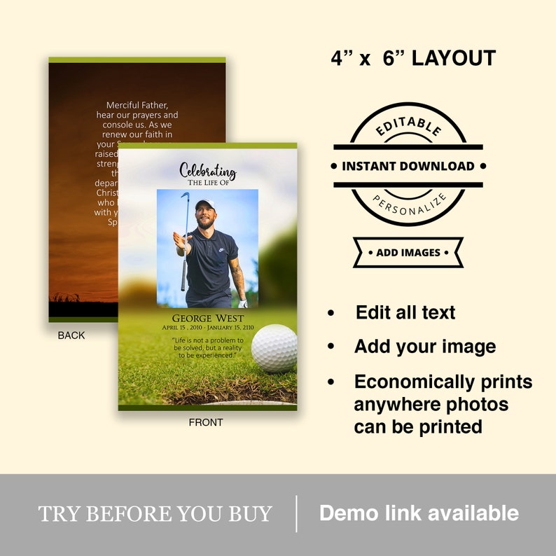 Customized Printable Golfing Memorial Service Celebrating the Life of a Golfer Golf Ball Club ...