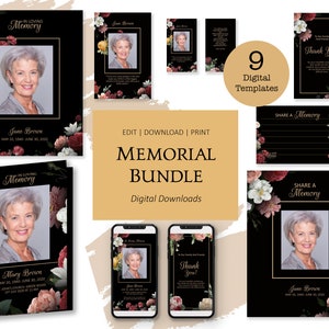 Könnte beinhalten: Ein digitales Download-Paket mit 9 druckbaren Gedenkvorlagen mit schwarzem Hintergrund, floralen Akzenten und goldfarbenem Text. Die Vorlagen beinhalten eine Dankeskarte, eine Karte zum Teilen einer Erinnerung und eine Gedenkkarte mit einem Platzhalter für ein Foto.