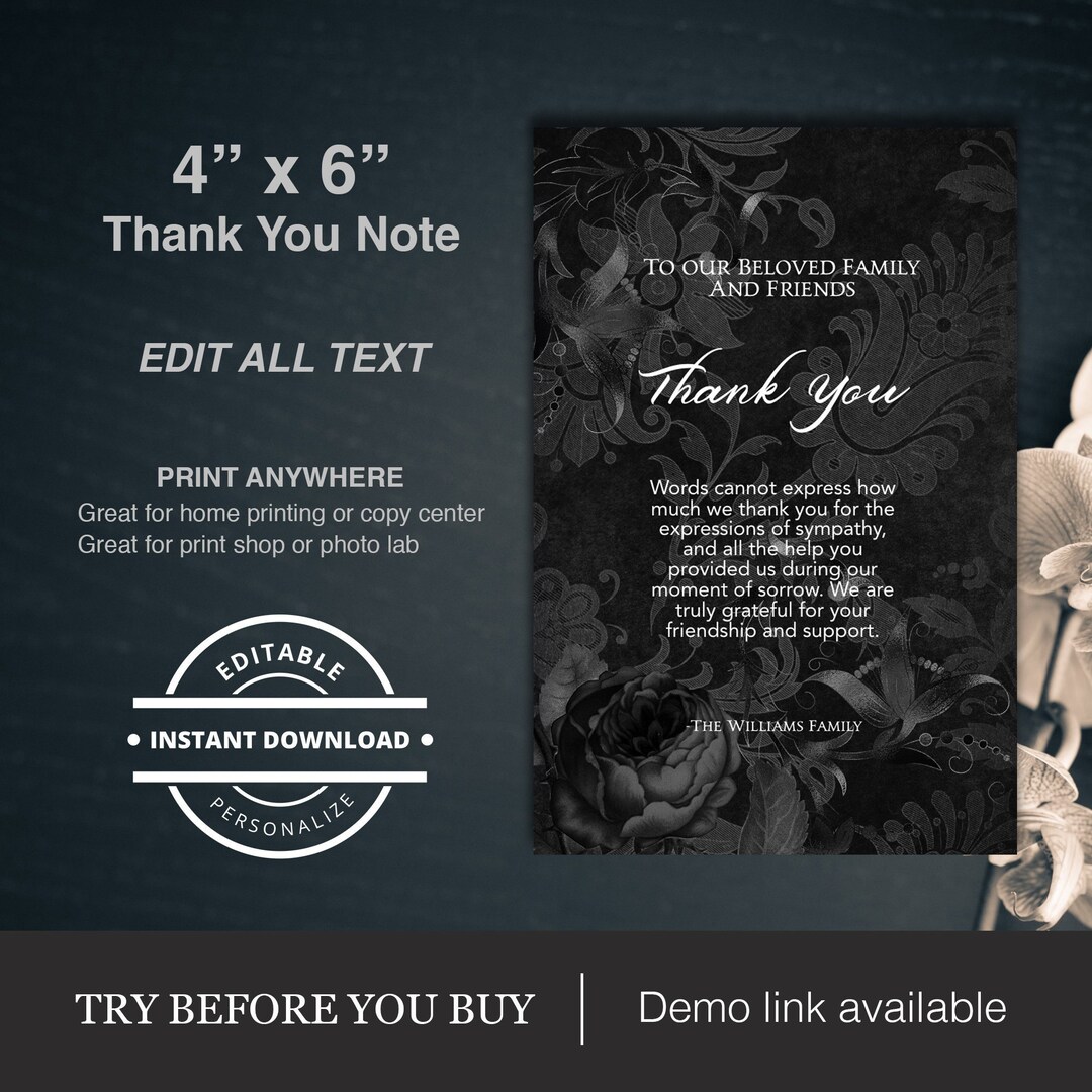 Funeral Thank You Card Template Editable Sympathy Memorial Photo ...