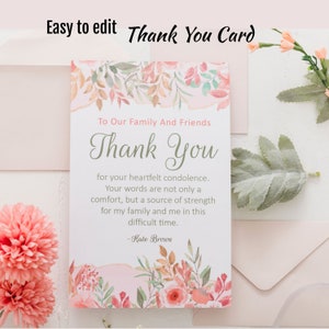 Carte de remerciement pour les funérailles, célébration de la vie, appréciation du service commémoratif, impression facile à modifier pour les funérailles, note de sympathie pour le service commémoratif