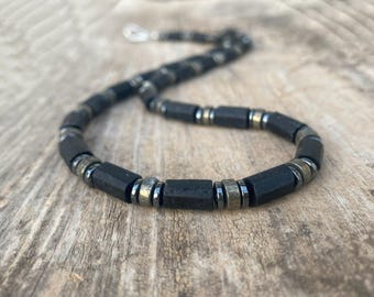 Men's Black Tourmaline Necklace, Men's Pyrite Necklace, Choker Necklace, Men's Beaded Jewelry, Gift for Him