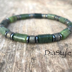 Men's Canadian Nephrite Jade Pyrite Hematite Beaded Bracelet, Boho Minimalist Style