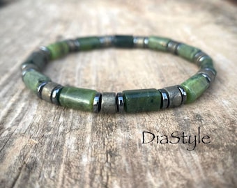 Men's Canadian Nephrite Jade Pyrite Hematite Beaded Bracelet, Boho Minimalist Style