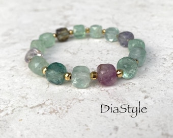 Multicolor Fluorite Bracelet, Faceted Gemstone Beads, 18K Gold Accents, Boho Style