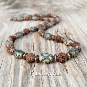 Men&#39;s Tibetan Agate Necklace, Rudraksha Mala Necklace, Tibetan Agate Choker, Surfer Necklace, Meditation Necklace, Men&#39;s Beaded Necklace