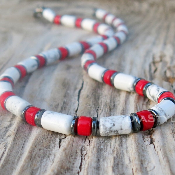 Men's White Howlite Necklace, Red Coral Necklace, Men's Beaded Necklace, Gemstone Necklace, Choker Necklace, Men's Beaded Jewelry