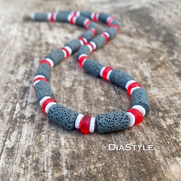 Men's Grey Lava Stone Necklace, Men's Tribal Necklace, Red Glass Necklace, Natural Shell Necklace, Surfer Necklace, Men's Beaded Necklace