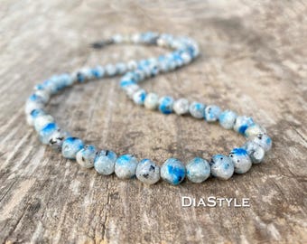 K2 Stone Azurite Beaded Necklace, Bohemian Surfer Style, Natural Gemstone Jewelry