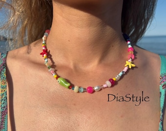 Multicolored Beaded Fish Necklace, Summer Beach Jewelry, Glass Pearls Gold Tone Clasp